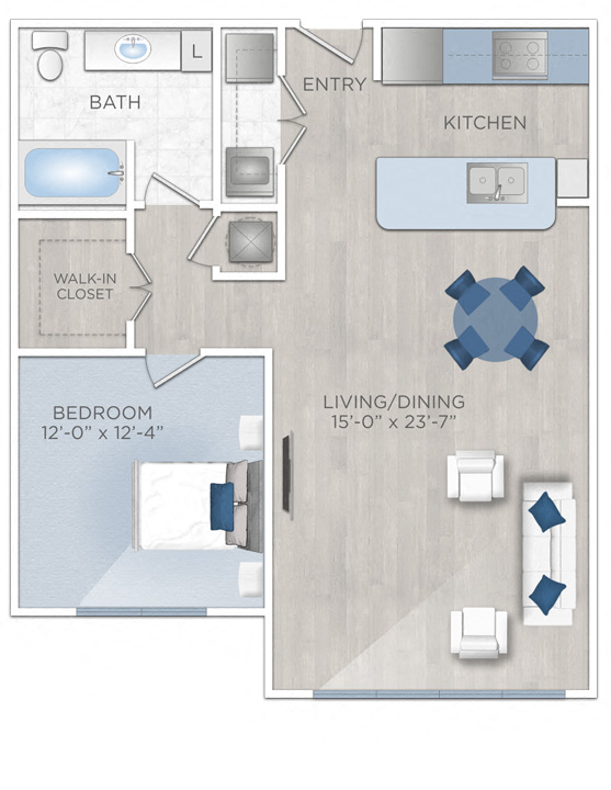 Floor plan for 1 bed, 1 bath, 891 sqft